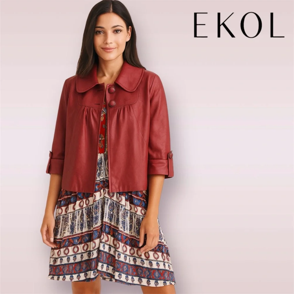 EKOL Women's Faux Leather Textured Hip-length Style Jacket - Picture 10 of 10